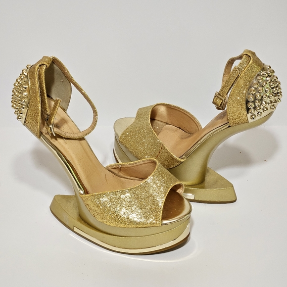 Champagne Glitter Spike Studded Anti Gravity Wedge Womens Shoes Sz 6.5 - Picture 3 of 10